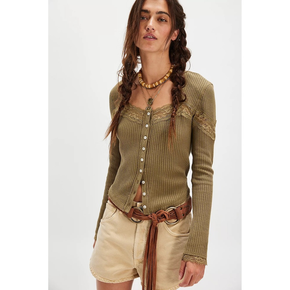 Free People Womens Cardigan Let's Party Lace Waffle Gothic Olive S Boho Y2K NWOT